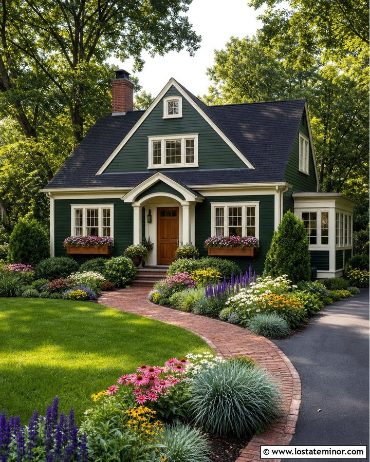 Hunter Green House With Colorful Perennial Beds - 30 Hunter Green House Design With Front Yard Ideas