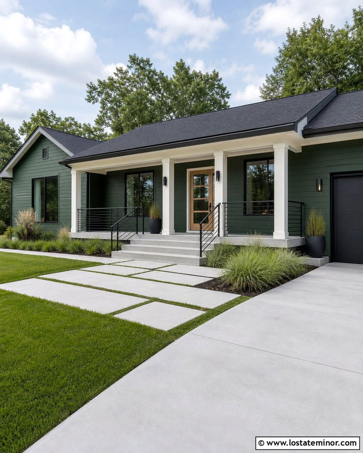 Hunter Green House With Concrete Front Porch - 30 Hunter Green House Design With Front Porch Ideas