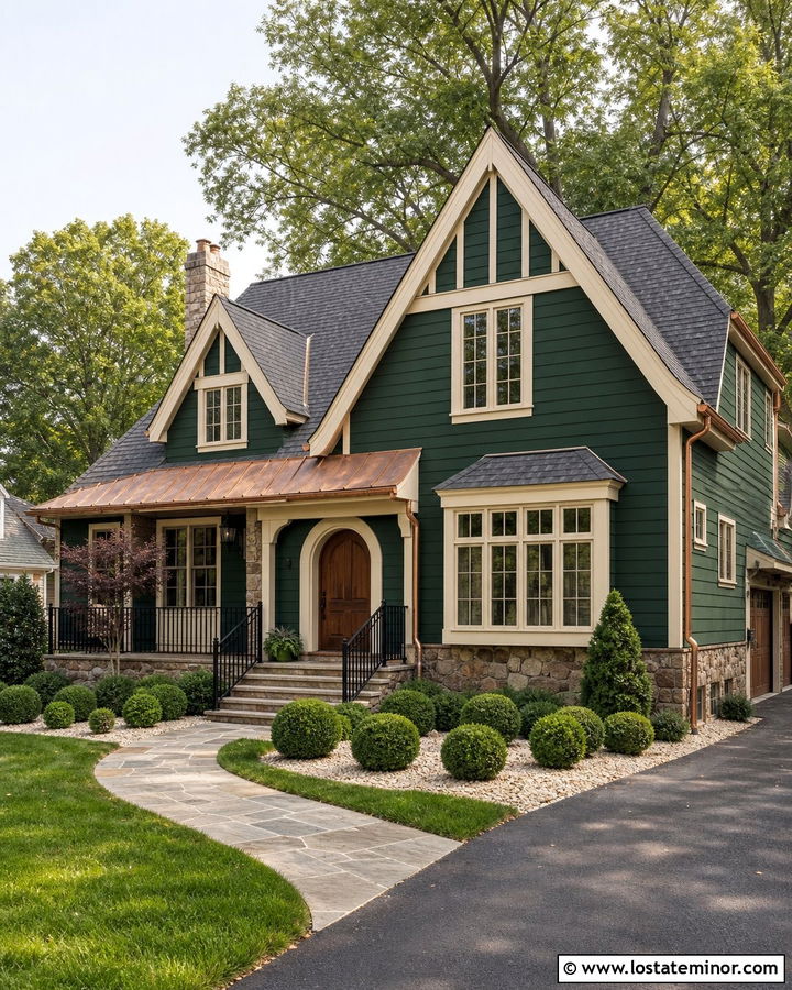 Hunter Green House With Copper Accents And Bronze Railings - 30 Hunter Green House Design With Railings Ideas