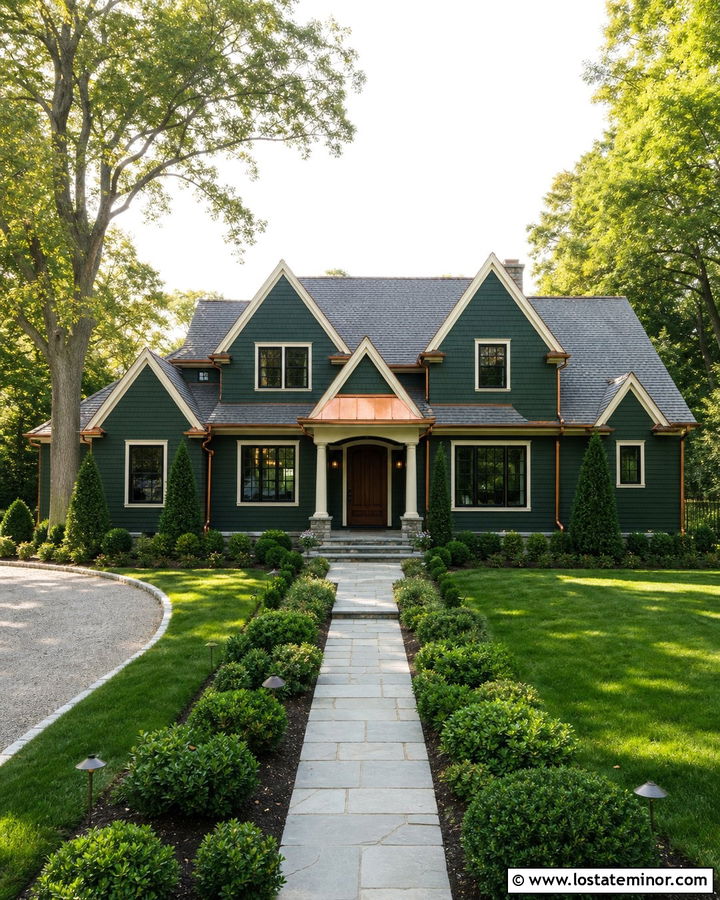 Hunter Green House With Copper Accents And Gray Shingles - 30 Hunter Green House Design With Shingles Ideas