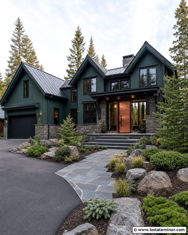 Hunter Green House With Copper Entry Door - 30 Hunter Green House Design With Entry Door Ideas