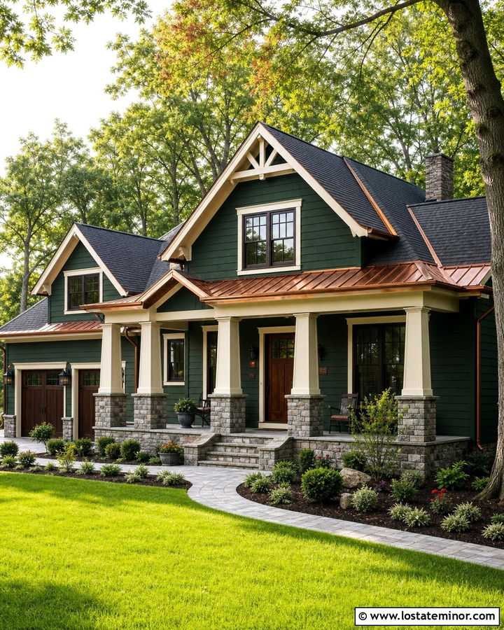 Hunter Green House With Copper Gable Details - 30 Hunter Green House Design With Gables Ideas