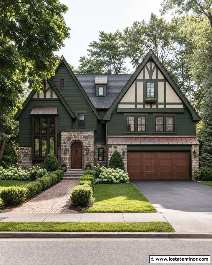 Hunter Green House With Copper Garage Door - 30 Hunter Green House Design With Garage Door Ideas
