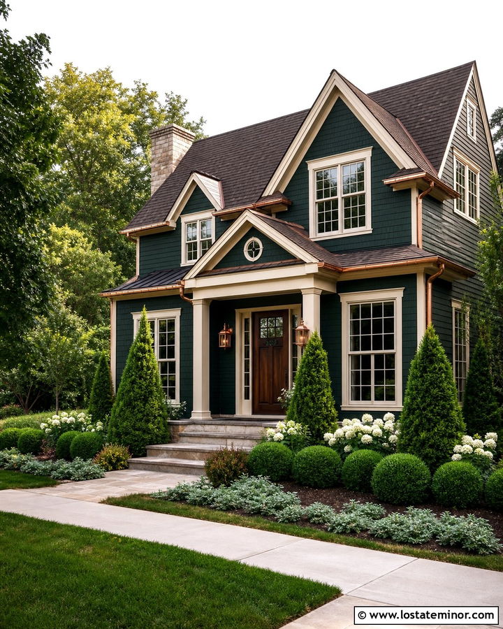 Hunter Green House With Copper Gutters And Evergreens - 30 Hunter Green House Design With Landscaping Ideas