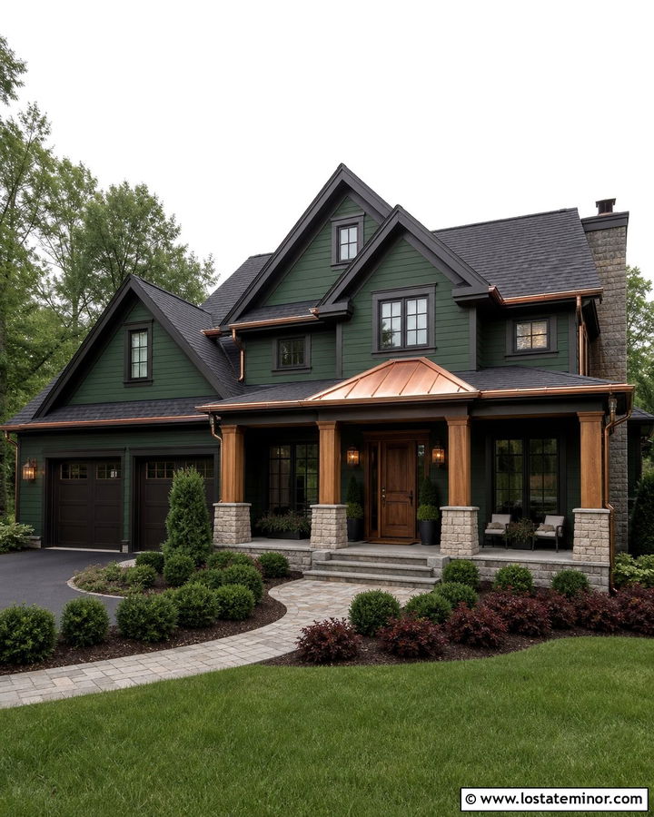 Hunter Green House With Copper Porch Accents - 30 Hunter Green House Design With Porch Columns Ideas