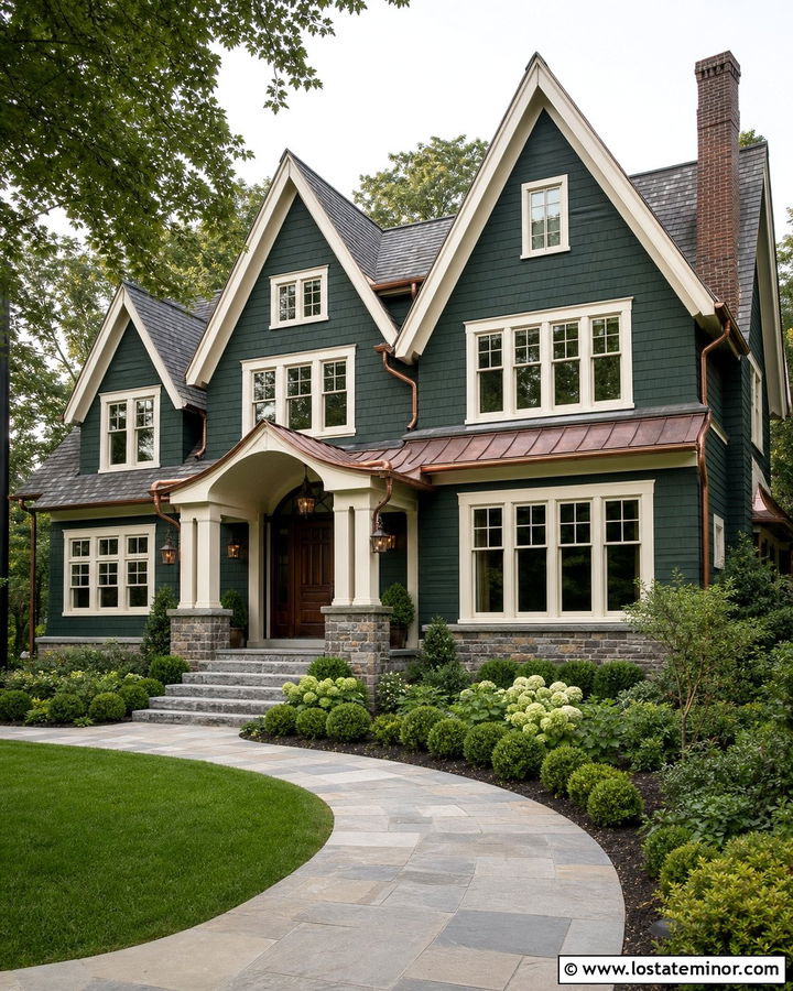Hunter Green House With Copper Porch Accents - 30 Hunter Green House Design With Front Porch Ideas