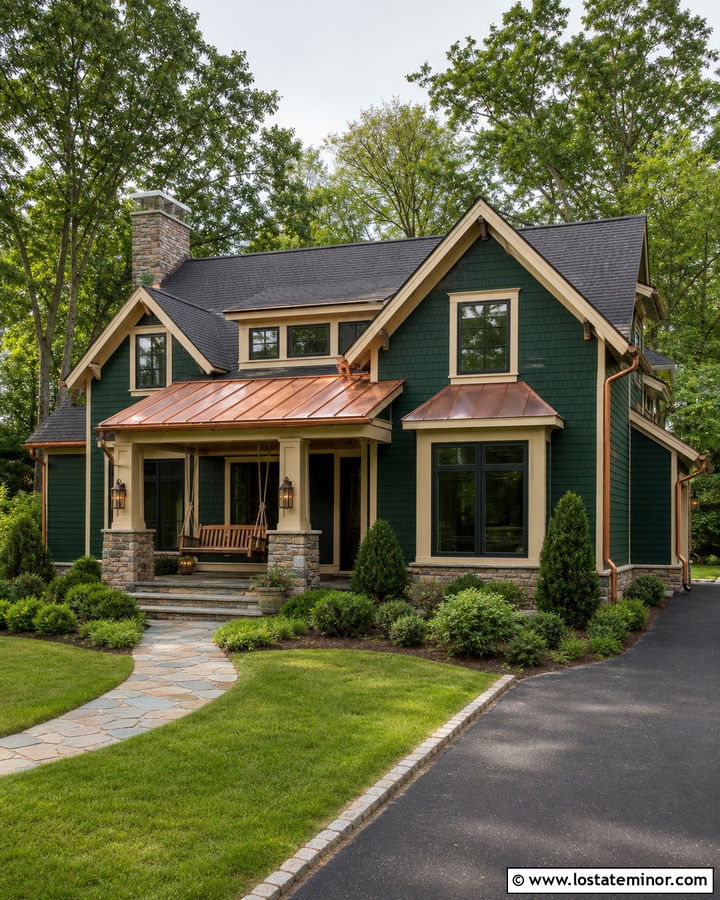 Hunter Green House With Copper Roof And Swing - 30 Hunter Green House Design With Swing Ideas