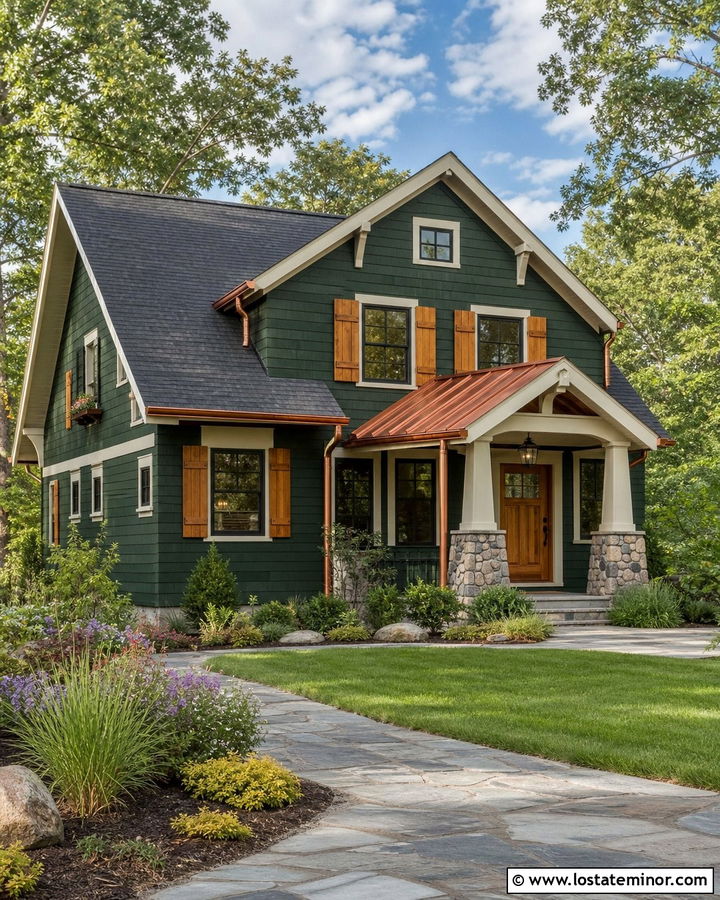Hunter Green House With Copper Roof And Wood Shutters - 30 Hunter Green House Design With Shutters Ideas