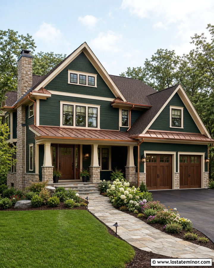 Hunter Green House With Copper Trim And Wood Garage Doors - 30 Hunter Green House Design With Trim Ideas