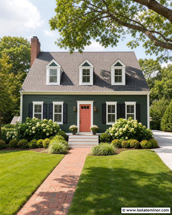 Hunter Green House With Coral Door - 30 Hunter Green House Design With Accents Ideas