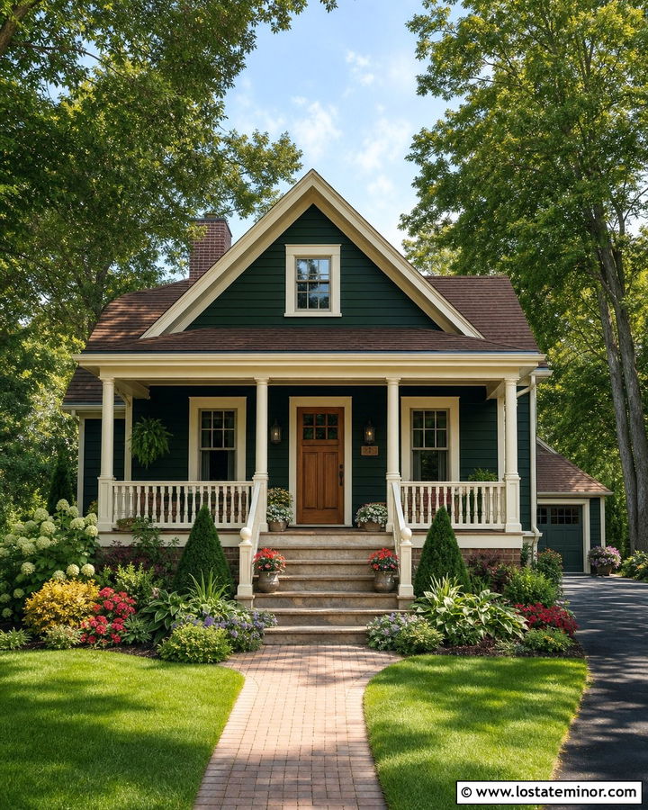 Hunter Green House With Cream Porch Railings - 30 Hunter Green House Design With Railings Ideas