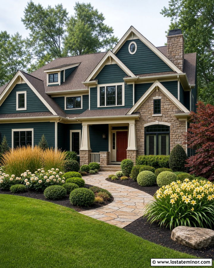 Hunter Green House With Cream Trim - 30 Hunter Green House Design With Front Yard Ideas