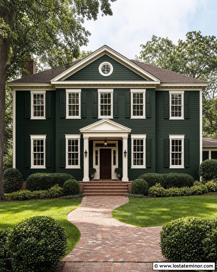 Hunter Green House With Cream Trim And Brick Porch - 30 Hunter Green House Design With Trim Ideas
