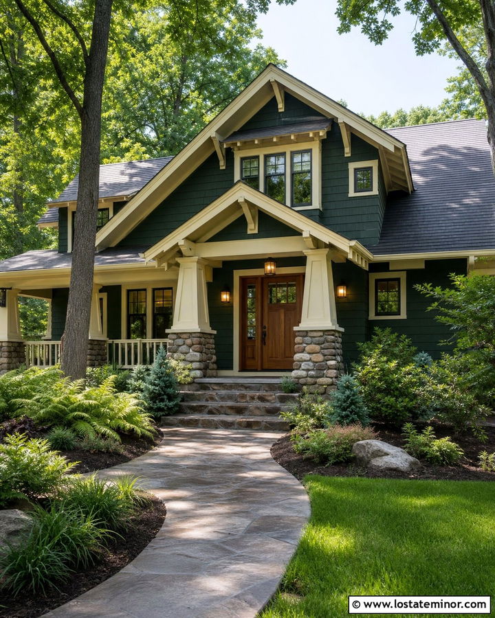 Hunter Green House With Cream Trim And Fieldstone Steps - 30 Hunter Green House Design With Steps Ideas
