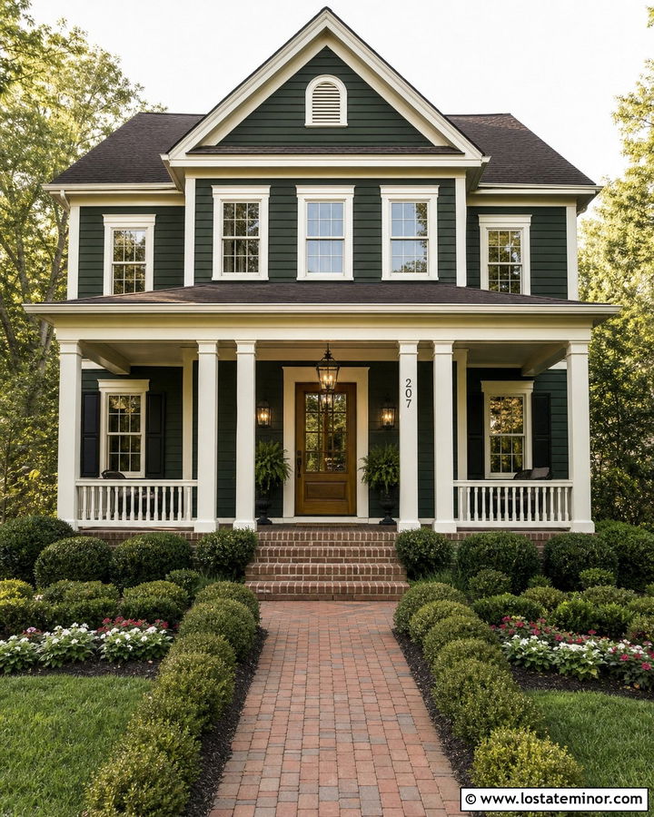 Hunter Green House With Cream Trim And Hanging Lanterns - 30 Hunter Green House Design With Light Fixtures Ideas