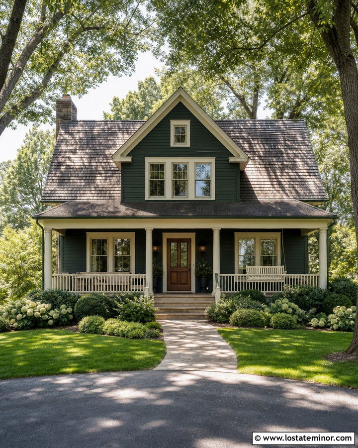 Hunter Green House With Cream Trim And Swing - 30 Hunter Green House Design With Swing Ideas