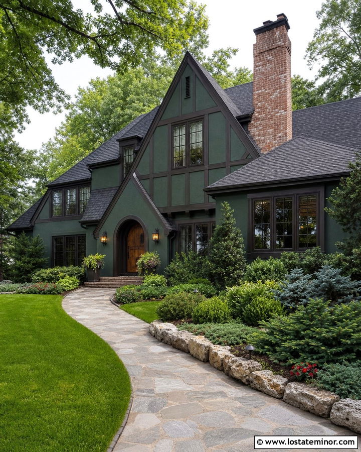 Hunter Green House With Dark Brown Trim And Brick Chimney - 30 Hunter Green House Design With Trim Ideas