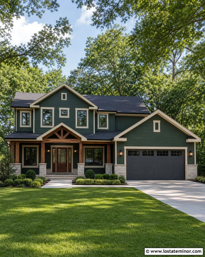 Hunter Green House With Dark Gray Garage Door - 30 Hunter Green House Design With Garage Door Ideas