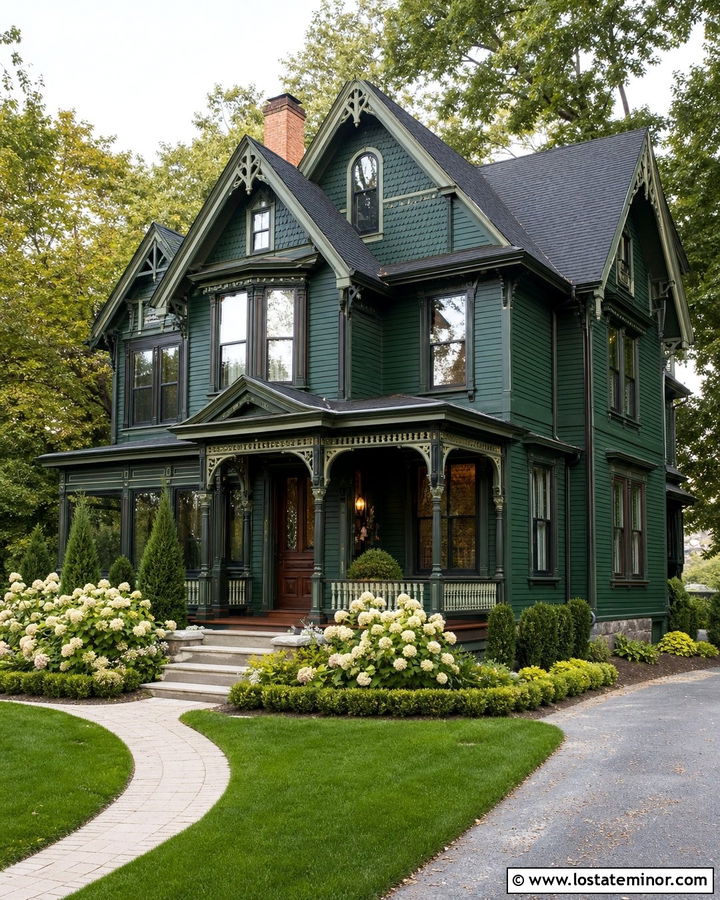 Hunter Green House With Dark Green Trim - 30 Hunter Green House Design With Accents Ideas