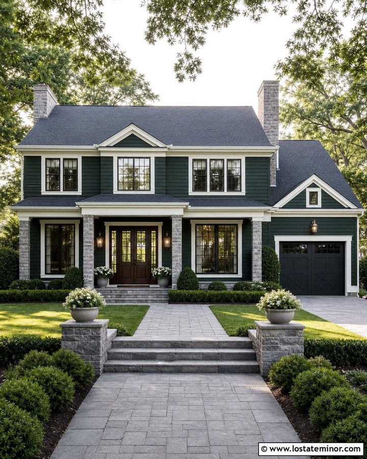 Hunter Green House With Double Doors And Electric Lanterns - 30 Hunter Green House Design With Lighting Ideas