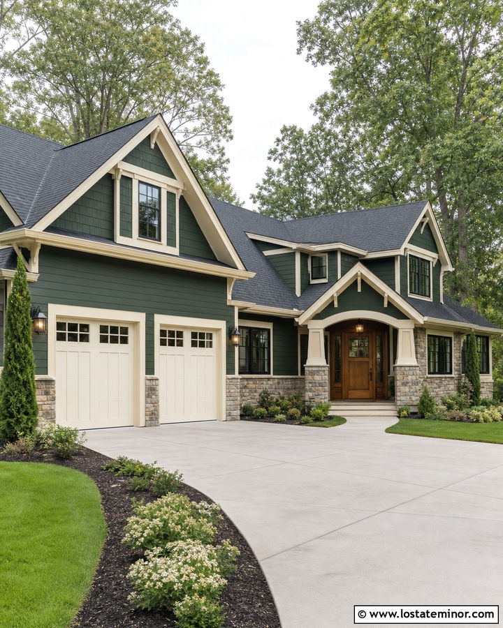 Hunter Green House With Double Garage Doors - 30 Hunter Green House Design With Garage Door Ideas