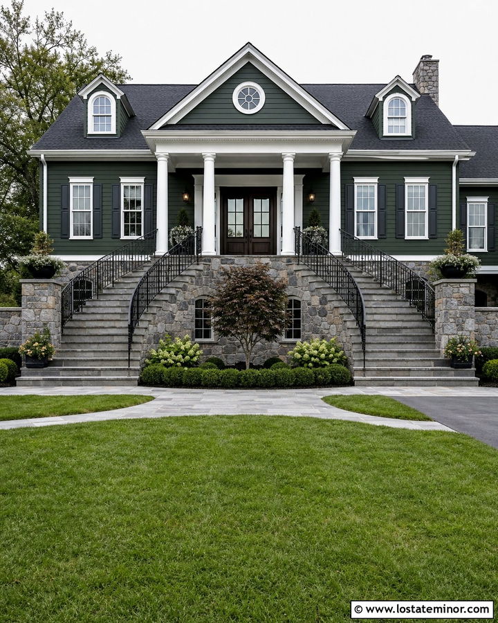 Hunter Green House With Double Staircase Entry - 30 Hunter Green House Design With Steps Ideas