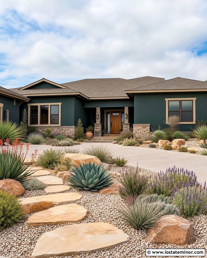 Hunter Green House With Drought Tolerant Yard - 30 Hunter Green House Design With Front Yard Ideas