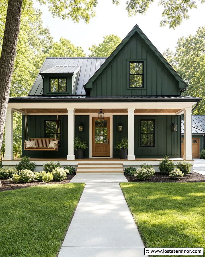Hunter Green House With Farmhouse Porch Swing - 30 Hunter Green House Design With Front Porch Ideas