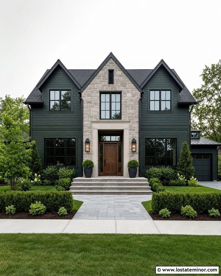 Hunter Green House With Full Height Stone Entry - 30 Hunter Green House Design With Stone Accents Ideas