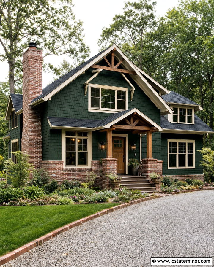 Hunter Green House With German Smear Brick - 30 Hunter Green House Design With Brick Accents Ideas