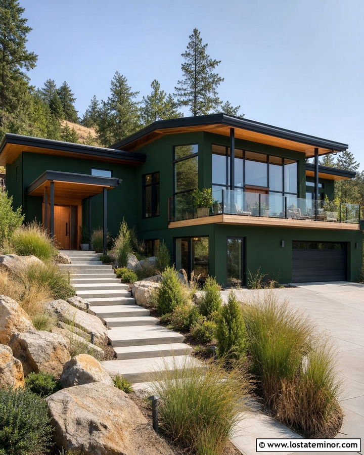Hunter Green House With Glass Railing Deck - 30 Hunter Green House Design With Deck Ideas