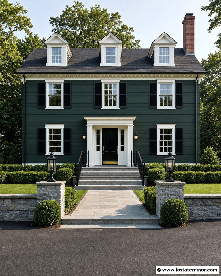 Hunter Green House With Granite Steps And Black Railings - 30 Hunter Green House Design With Steps Ideas