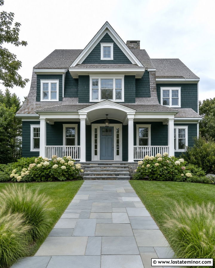 Hunter Green House With Gray Blue Entry Door - 30 Hunter Green House Design With Entry Door Ideas