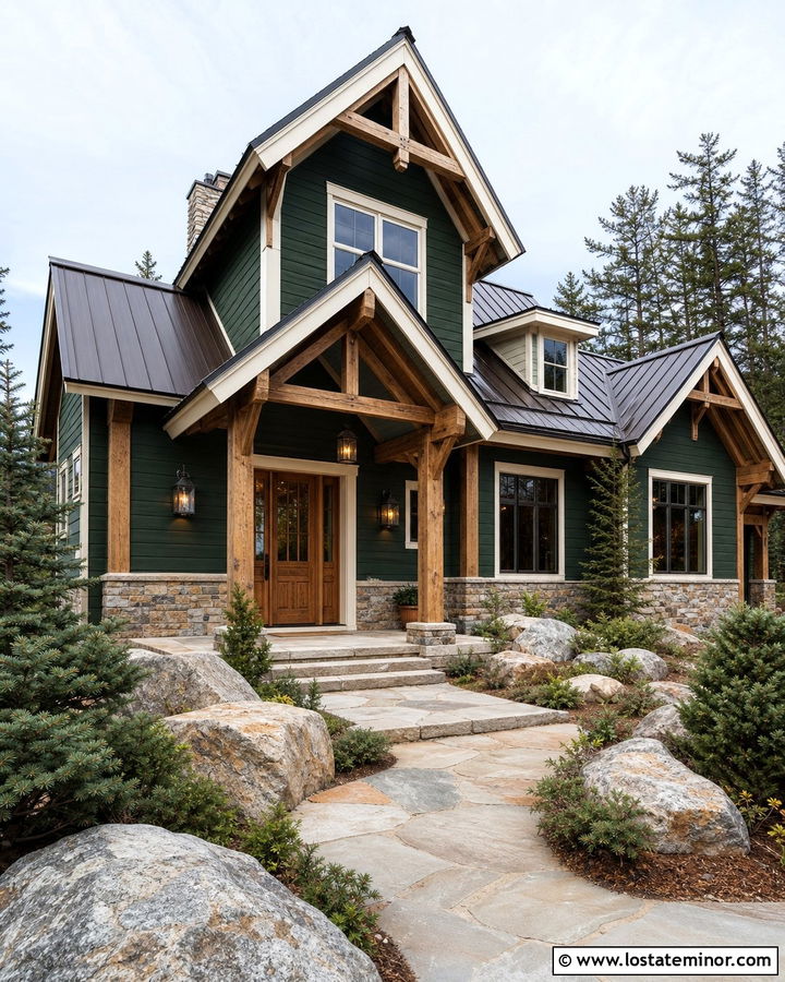 Hunter Green House With Gray Blue Vaulted Porch Ceiling - 30 Hunter Green House Design With Porch Ceiling Ideas