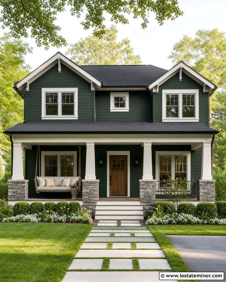Hunter Green House With Gray Daybed Swing - 30 Hunter Green House Design With Swing Ideas