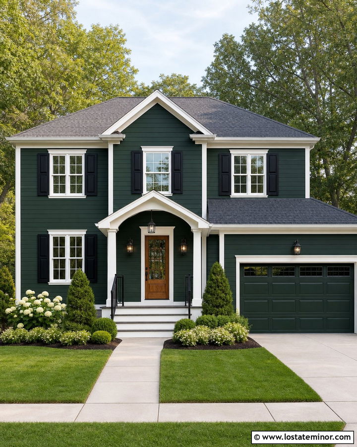 Hunter Green House With Gray Roof And Black Shutters - 30 Hunter Green House Design With Shutters Ideas
