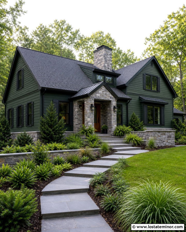 Hunter Green House With Gray Stone And Green Trim - 30 Hunter Green House Design With Stone Accents Ideas