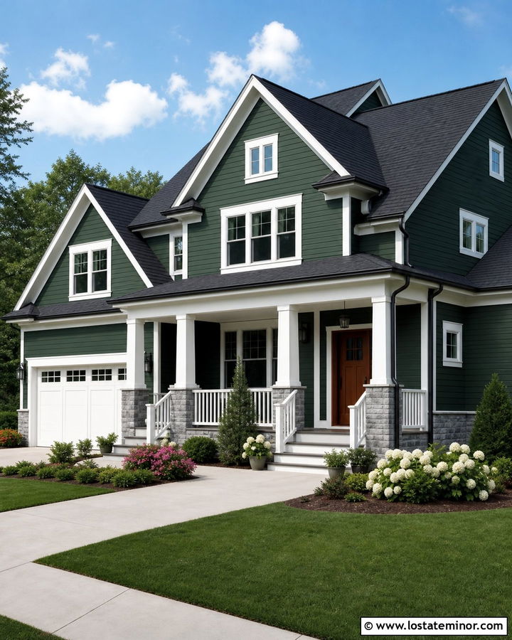 Hunter Green House With Gray Stone And White Trim - 30 Hunter Green House Design With Trim Ideas