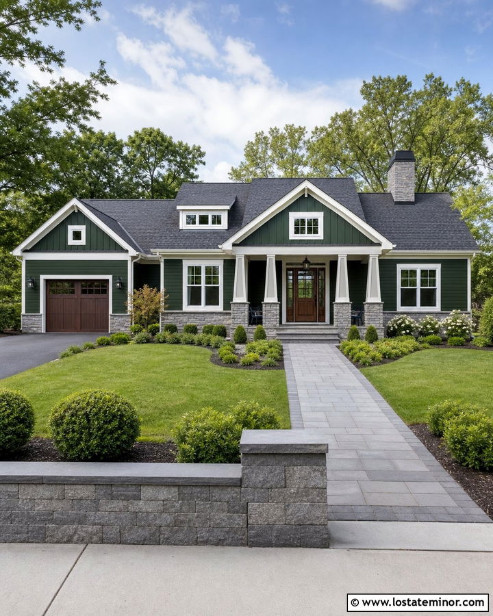 Hunter Green House With Gray Stone Column Bases - 30 Hunter Green House Design With Porch Columns Ideas