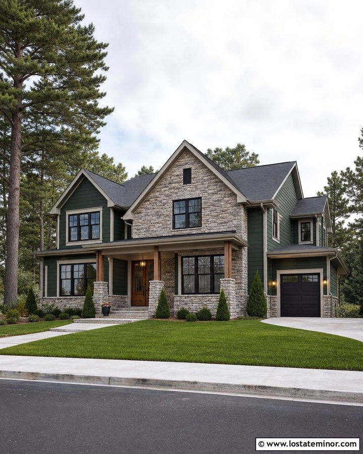 Hunter Green House With Gray Stone Gables - 30 Hunter Green House Design With Gables Ideas