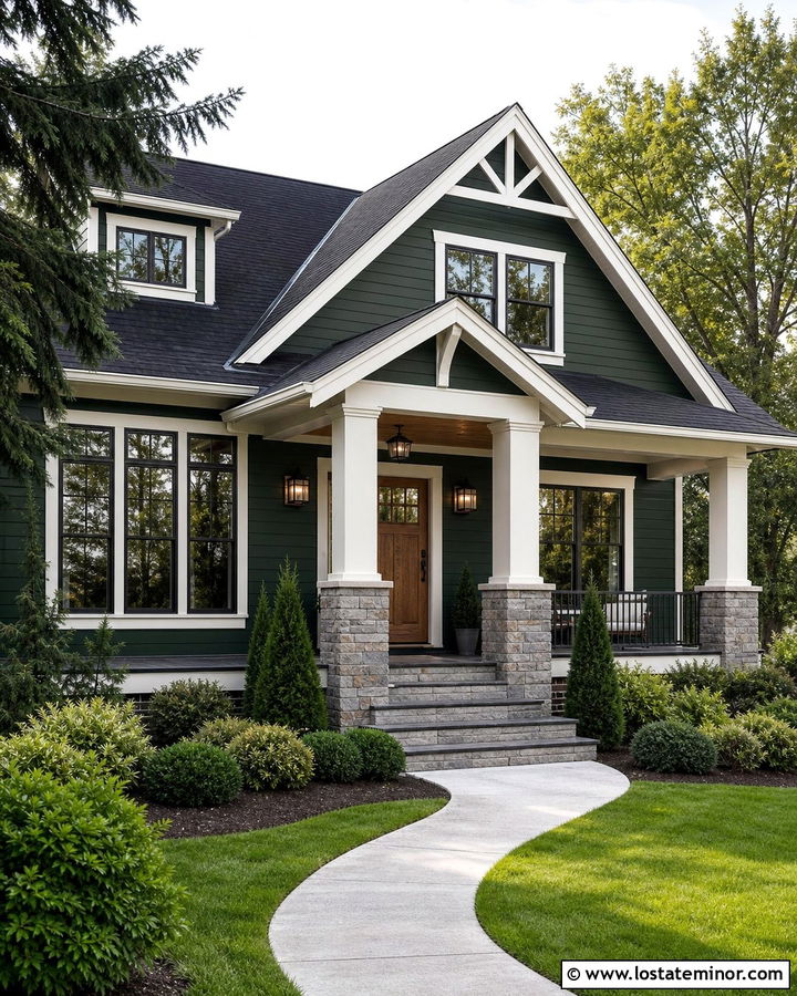 Hunter Green House With Gray Stone Porch - 30 Hunter Green House Design With Front Porch Ideas