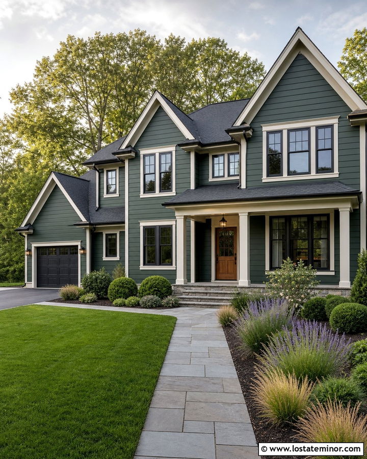 Hunter Green House With Gray Stone Walkway - 30 Hunter Green House Design With Walkway Ideas