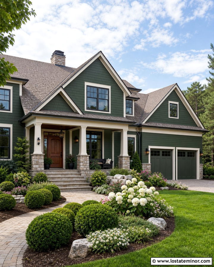 Hunter Green House With Greige Shingle Roof - 30 Hunter Green House Design With Roof Ideas