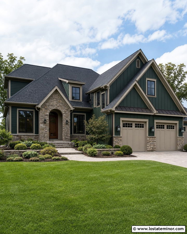 Hunter Green House With Greige Trim And Natural Stone - 30 Hunter Green House Design With Trim Ideas