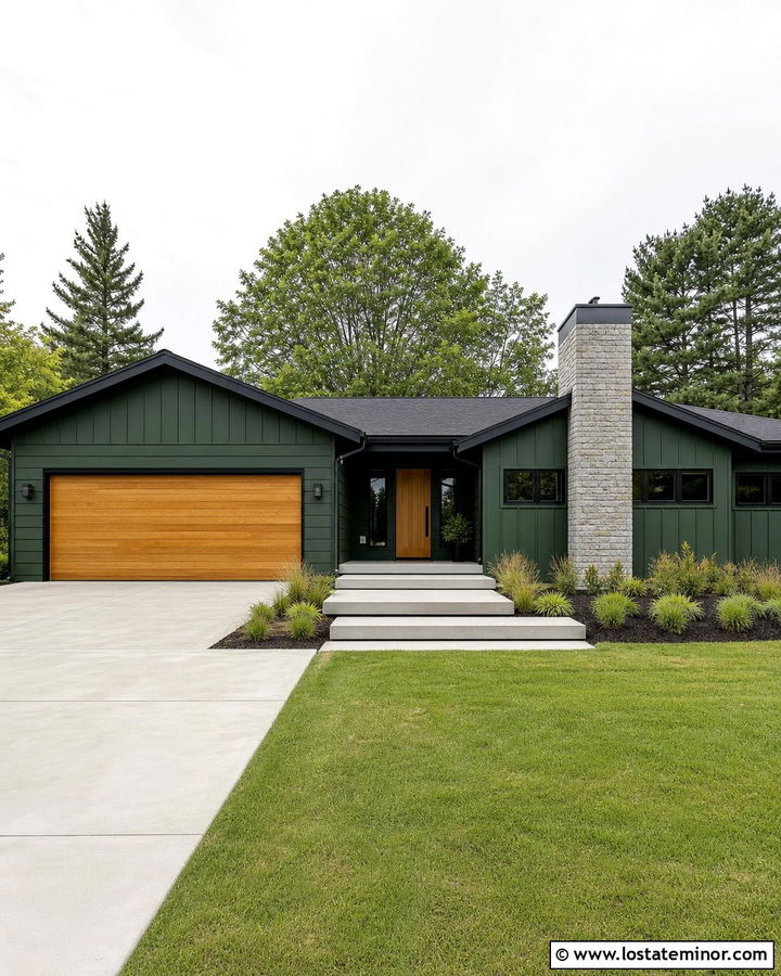 Hunter Green House With Horizontal Wood Garage Door - 30 Hunter Green House Design With Garage Door Ideas