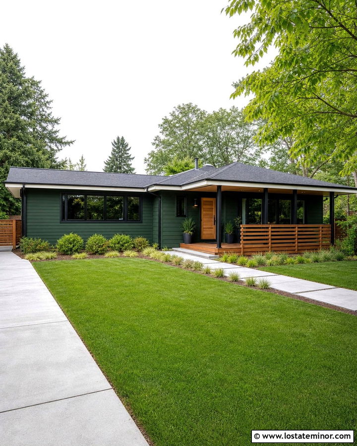 Hunter Green House With Horizontal Wood Railing - 30 Hunter Green House Design With Deck Ideas