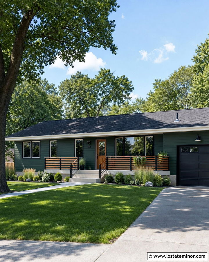 Hunter Green House With Horizontal Wood Railings - 30 Hunter Green House Design With Railings Ideas