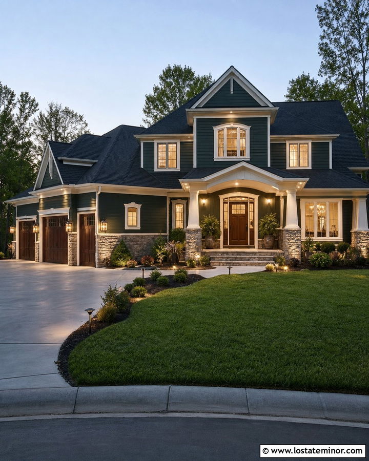 Hunter Green House With Layered Exterior Lighting - 30 Hunter Green House Design With Lighting Ideas