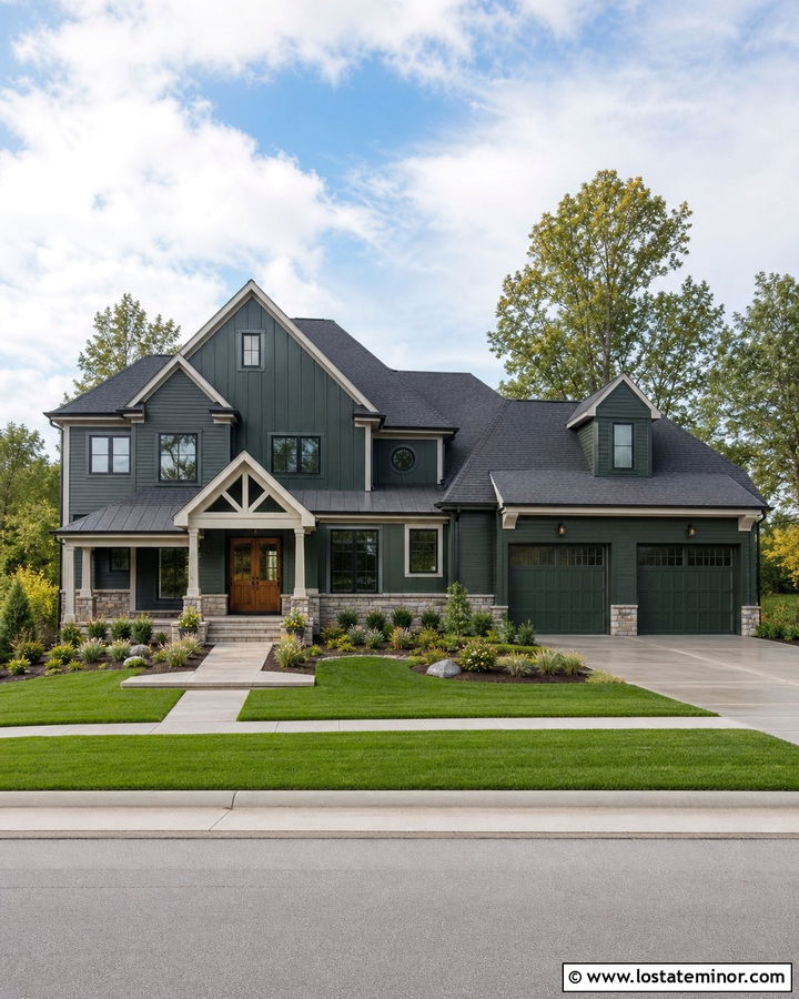 Hunter Green House With Layered Gables - 30 Hunter Green House Design With Gables Ideas