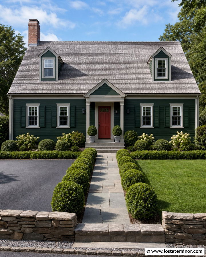 Hunter Green House With Light Gray Trim And Red Door - 30 Hunter Green House Design With Trim Ideas